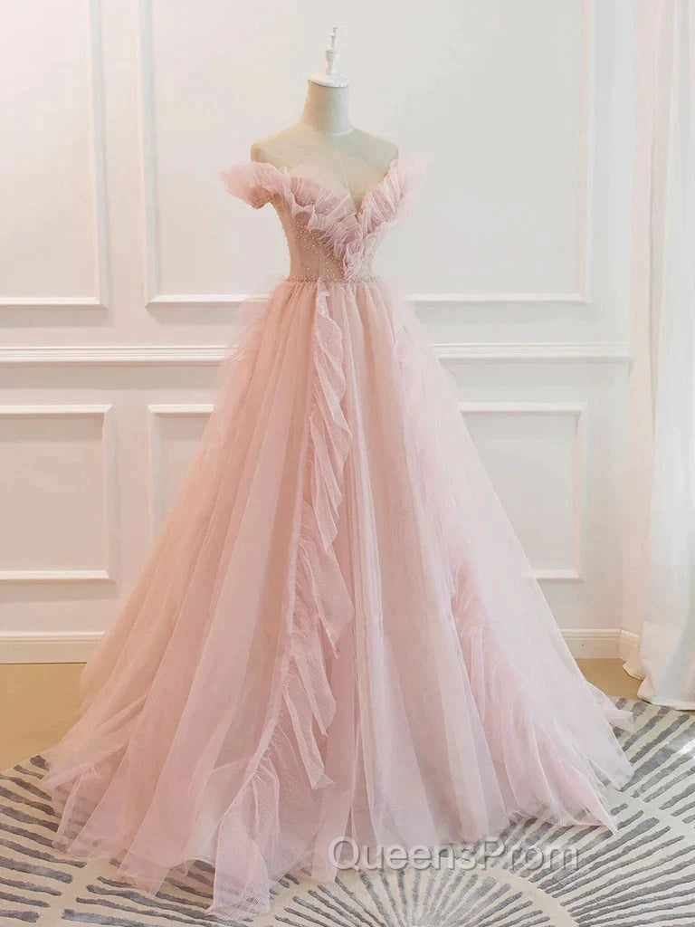 Pink Tulle Ruffles Off The Shoulder Long Evening Prom Dress