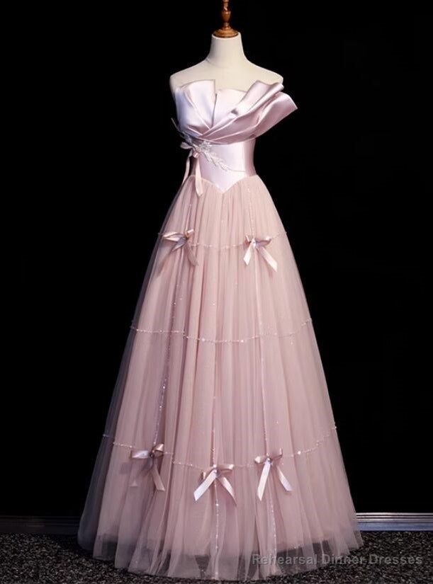 Pink Tulle Satin Strapless Pleats Prom Dress Main image
