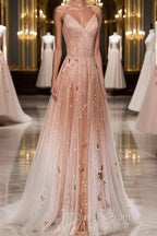 Pink tulle sequin beads long Evening Prom Dress pink tulle formal Dress