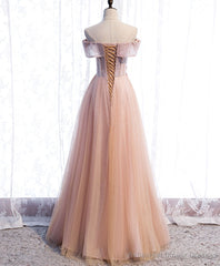 Pink Tulle Sequin Beads Long Prom Dress, Pink Tulle Formal Dresses
