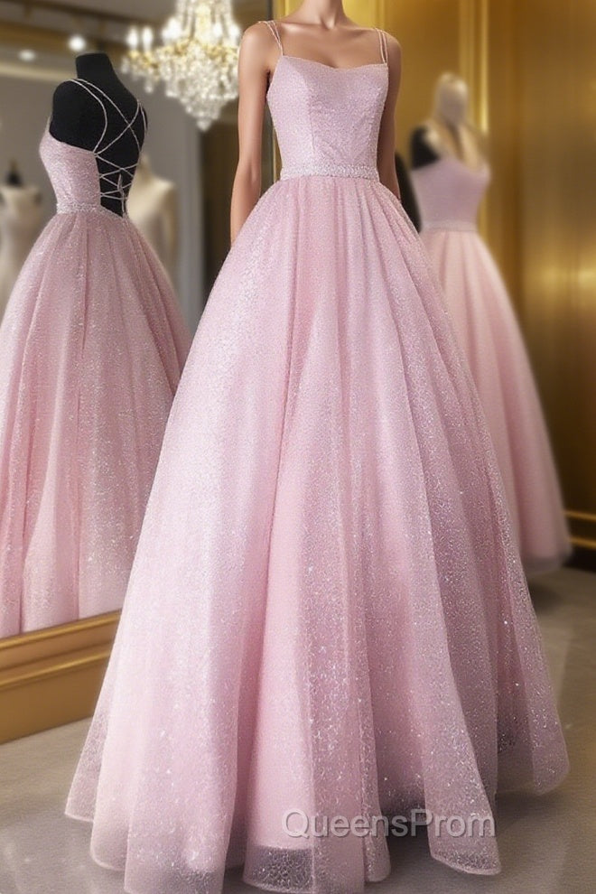 Pink tulle sequin long Evening Prom Dress pink tulle formal Dress Main image