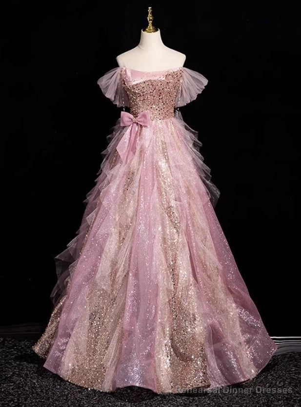 Pink Tulle Sequins Beading Bow Prom Dress