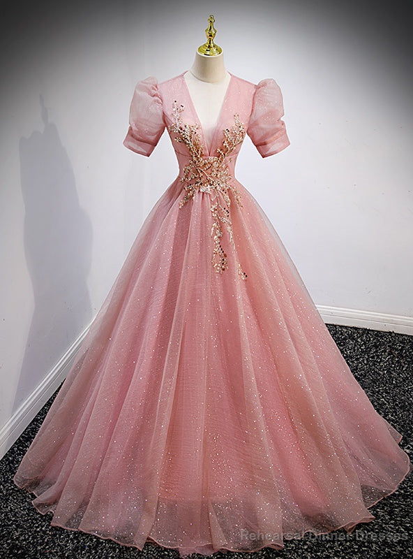 Pink Tulle Sequins Deep V-neck Puff Sleeve Beading Prom Dress Main image