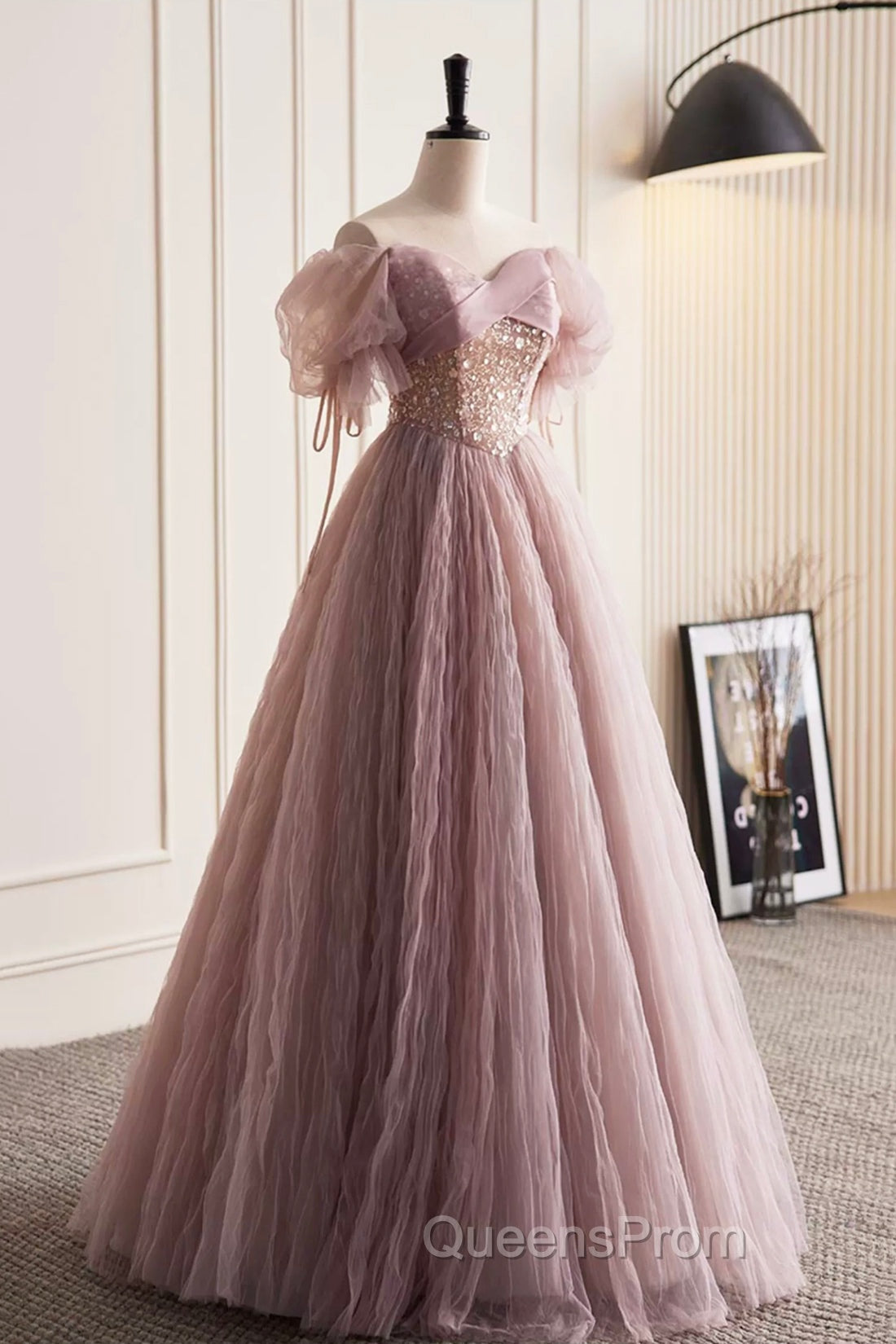Pink Tulle Sequins Floor Length Evening Prom Dress, Beautiful Off The Shoulder Evening Party Dress Secondary image