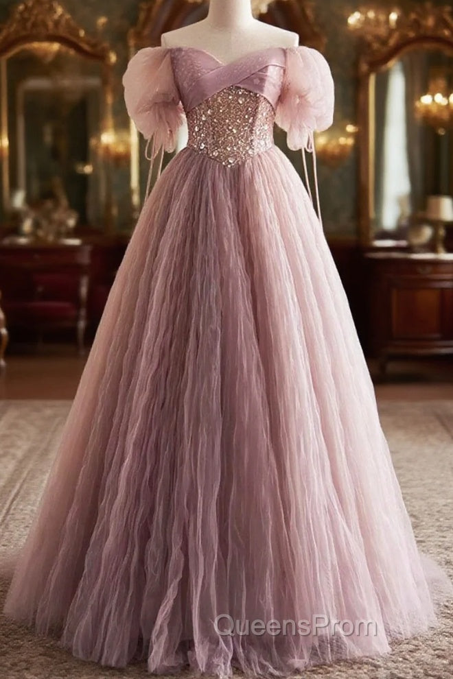 Pink Tulle Sequins Floor Length Evening Prom Dress, Beautiful Off The Shoulder Evening Party Dress Main image