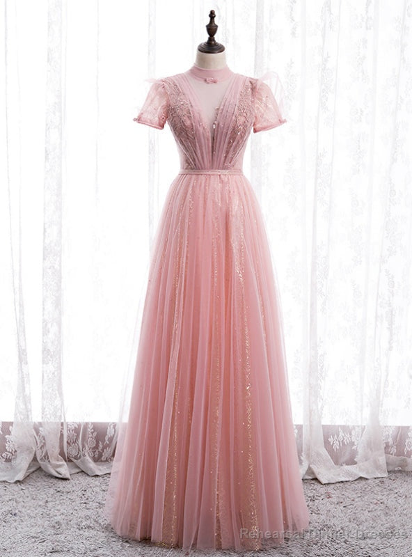 Pink Tulle Sequins High Neck Short Sleeve Beading Pleats Prom Dress Main image