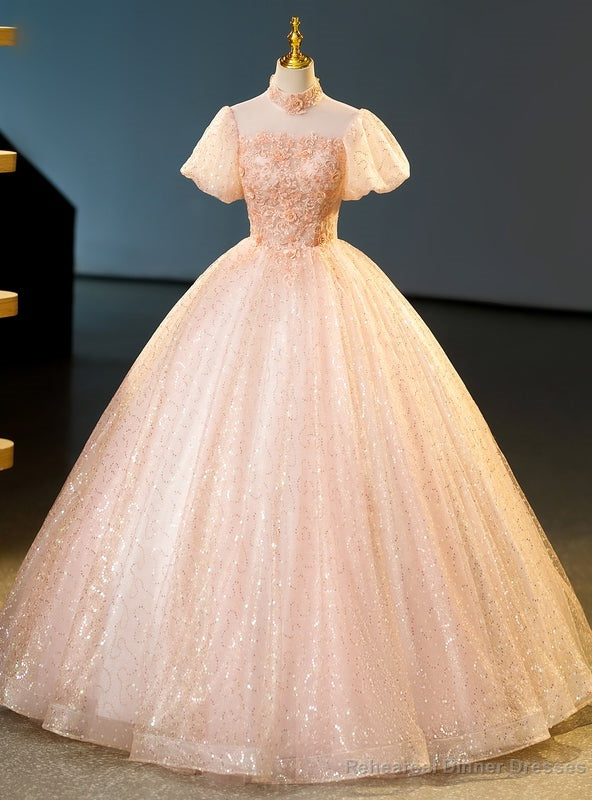 Pink Tulle Sequins High Neck Short Sleeve Quinceanera Dress Main image