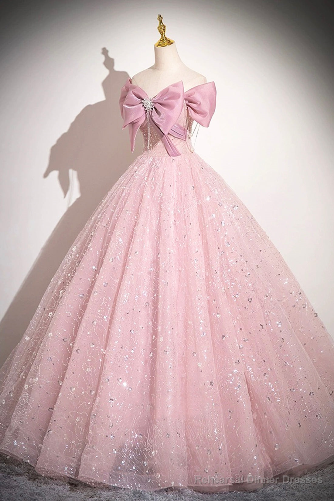 Pink Tulle Sequins Long A-Line Prom Dress, Pink Off Shoulder Evening Dress Secondary image