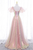 Pink Tulle Sequins Long Prom Dress, Cute Short Sleeve Evening Dress