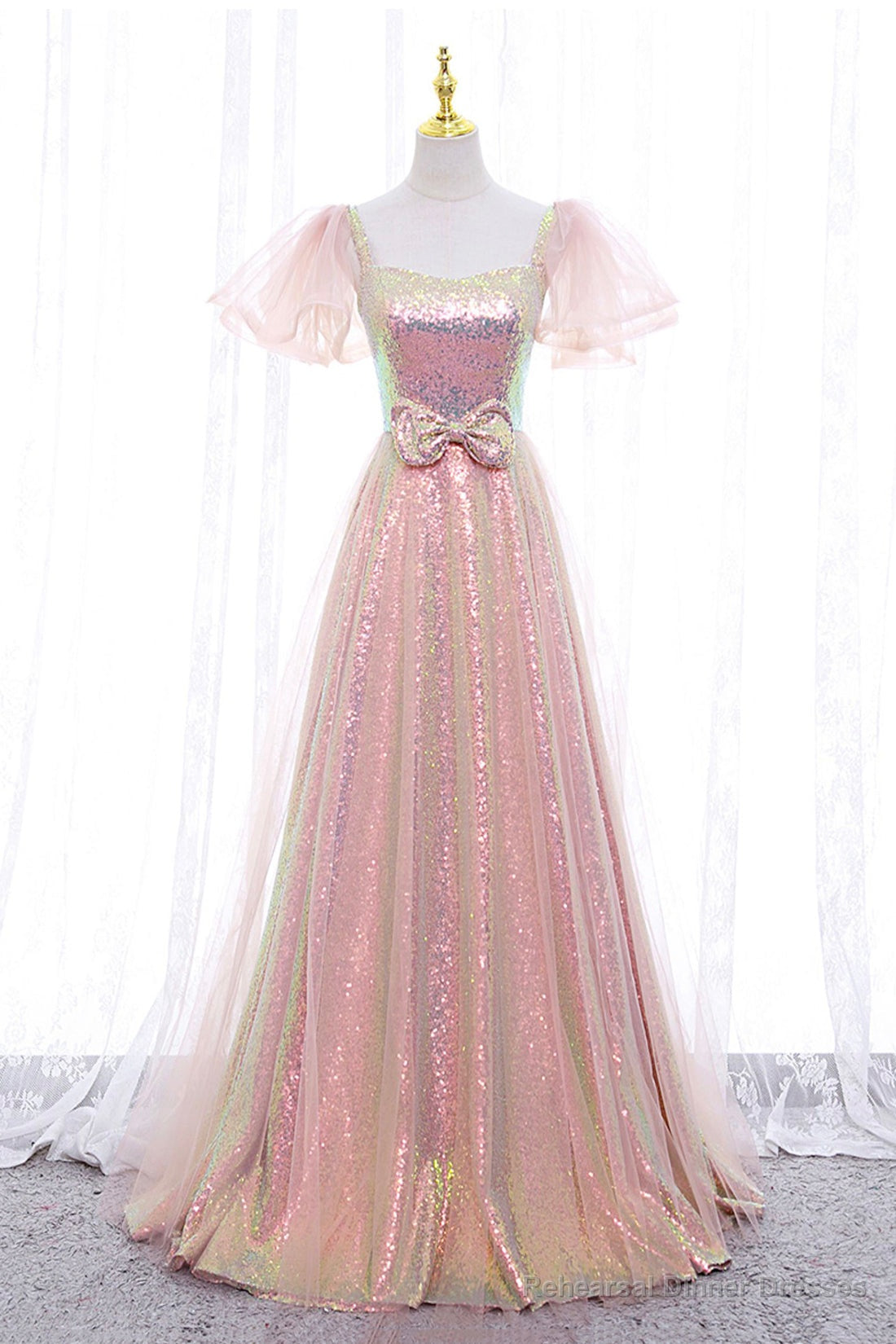 Pink Tulle Sequins Long Prom Dress, Cute Short Sleeve Evening Dress Secondary image