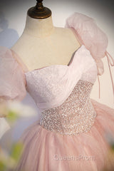 Pink Tulle Sequins Long Evening Prom Dress, Lovely A-Line Short Sleeve Evening Party Dress