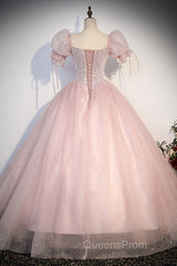 Pink Tulle Sequins Long Evening Prom Dress, Lovely A-Line Short Sleeve Evening Party Dress