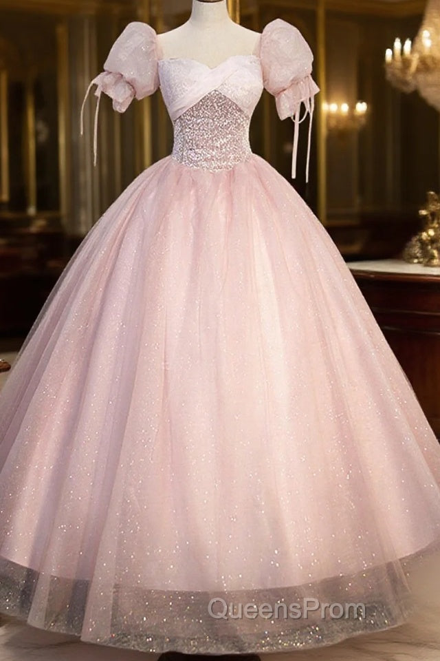 Pink Tulle Sequins Long Evening Prom Dress, Lovely A-Line Short Sleeve Evening Party Dress Main image
