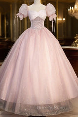 Pink Tulle Sequins Long Evening Prom Dress, Lovely A-Line Short Sleeve Evening Party Dress