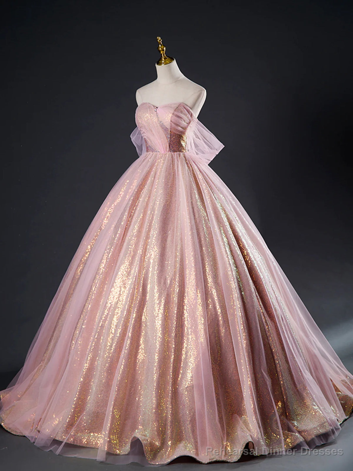 Pink Tulle Sequins Long Prom Dress, Pink Tulle Long Formal Evening Gowns Main image