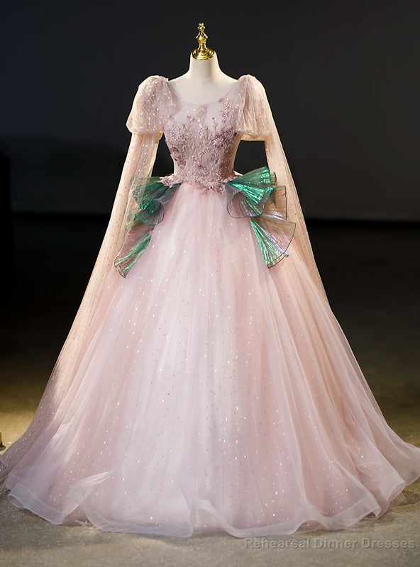 Pink Tulle Sequins Long Sleeve Appliques Quinceanera Dress Main image