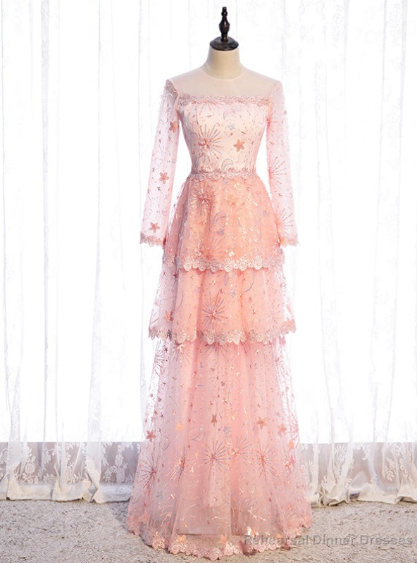 Pink Tulle Sequins Long Sleeve Tiers Prom Dress Main image