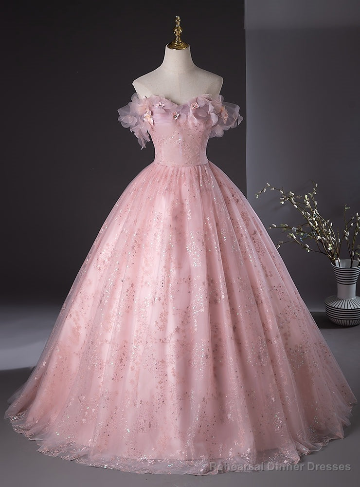 Pink Tulle Sequins Off the Shoulder 3D Flower Quinceanera Dress Main image