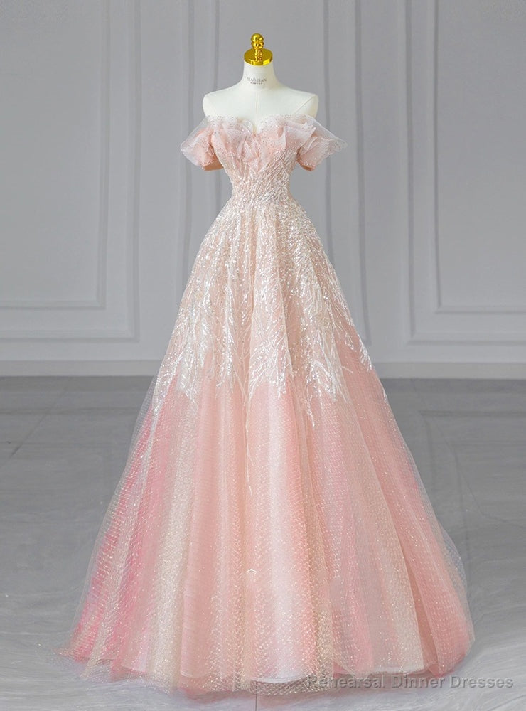 Pink Tulle Sequins Off the Shoulder Bead Prom Dress Main image