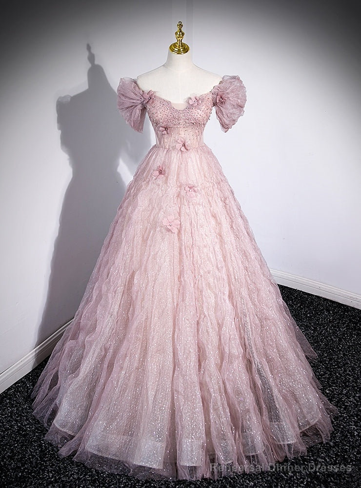 Pink Tulle Sequins Off the Shoulder Beading Flower Prom Dress Main image