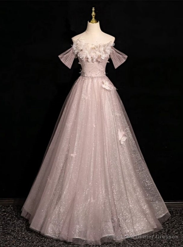 Pink Tulle Sequins Off the Shoulder Flower Feather Prom Dress Main image