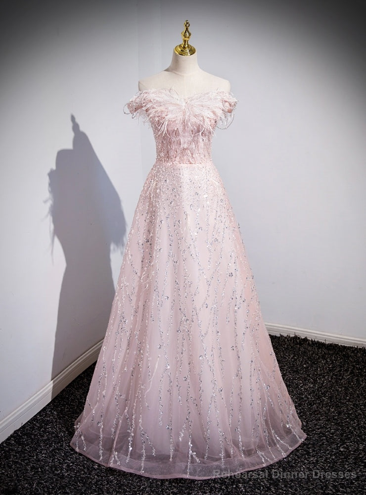 Pink Tulle Sequins Off the Shoulder Pearls Prom Dress Main image