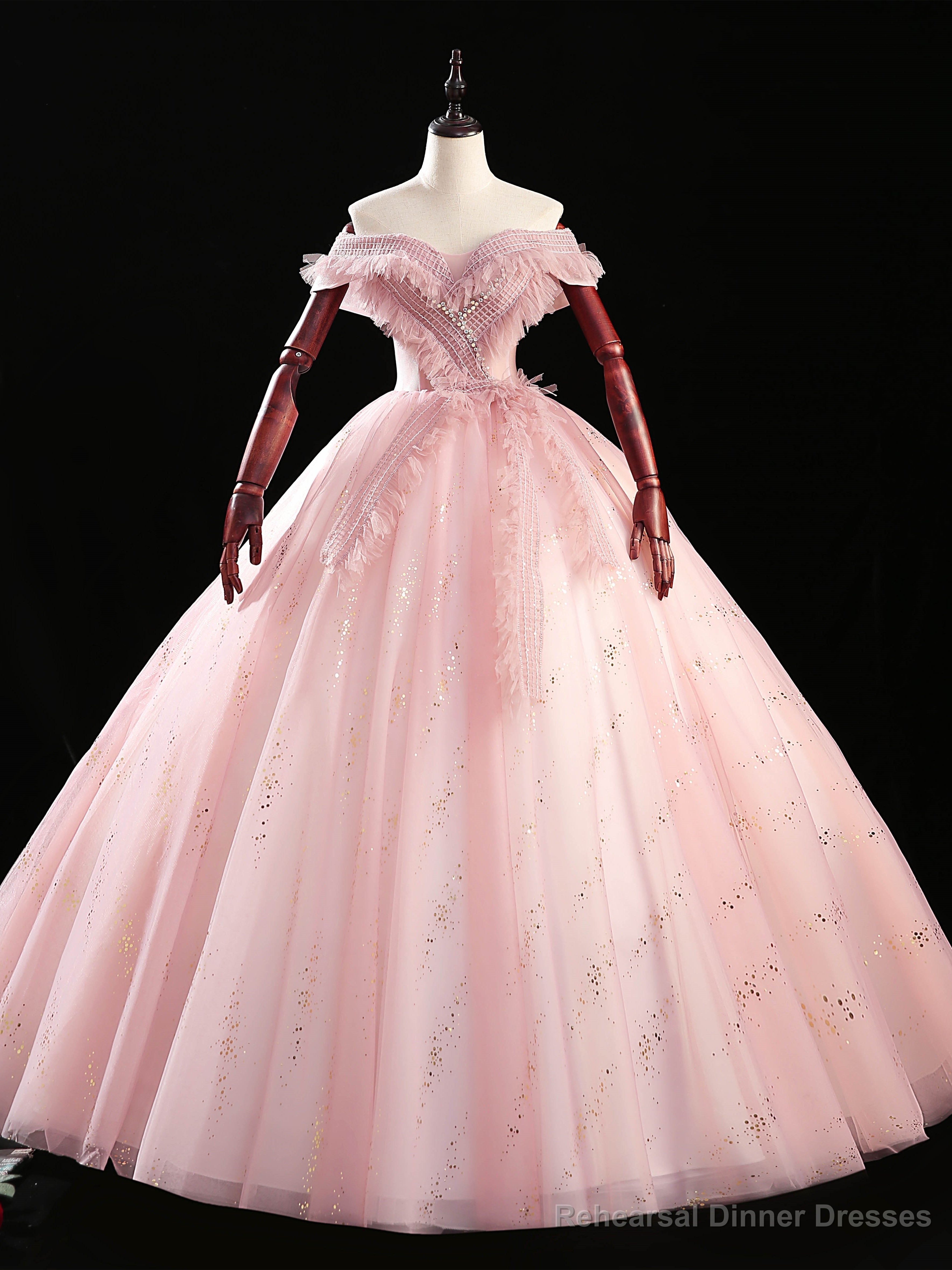 Pink Tulle Sequins Off the Shoulder Quinceanera Dress Main image