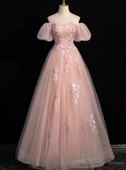 Pink Tulle Sequins Puff Sleeve Flower Prom Dress