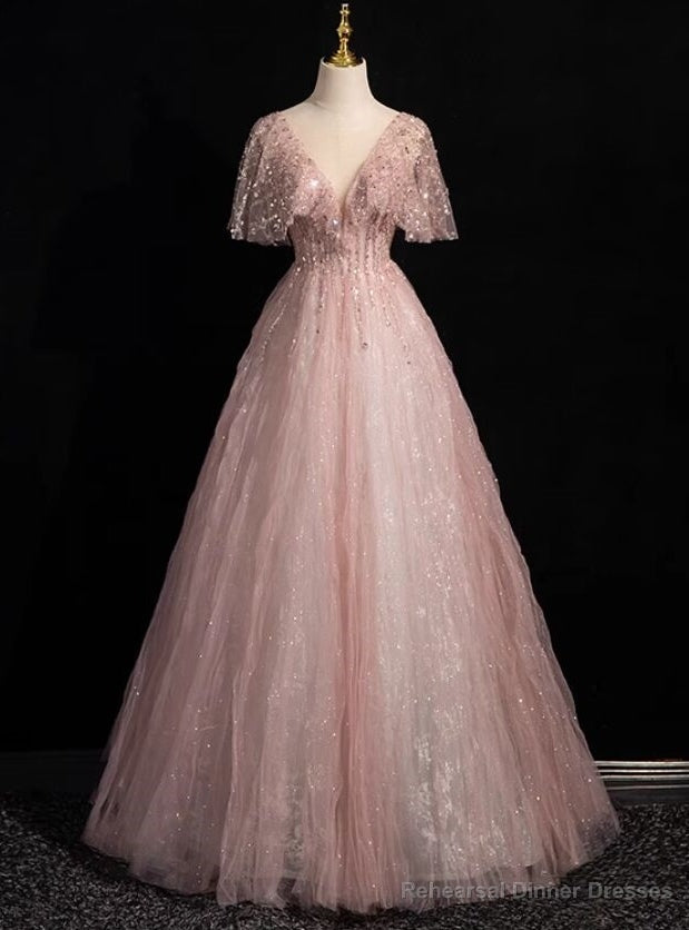 Pink Tulle Sequins See Through V-neck Prom Dress Main image