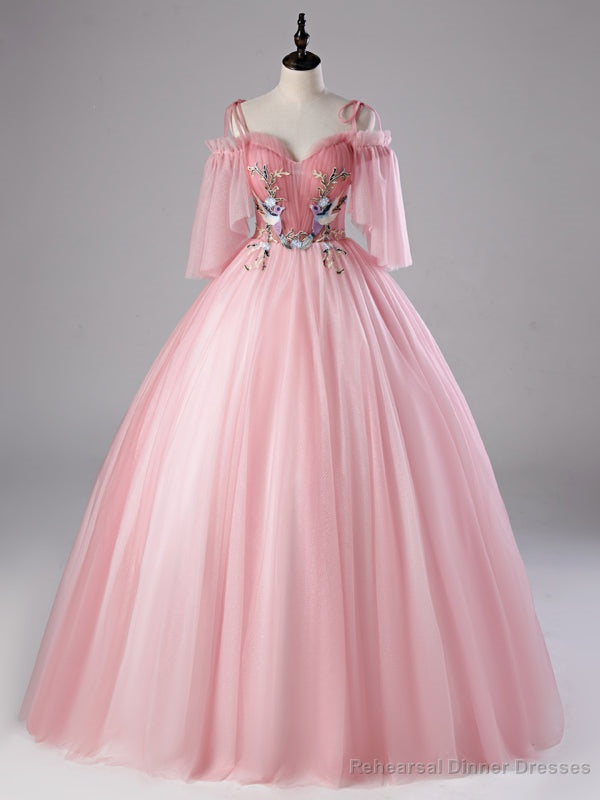 Pink Tulle Sequins Spaghetti Straps Appliques Quinceanera Dress Main image