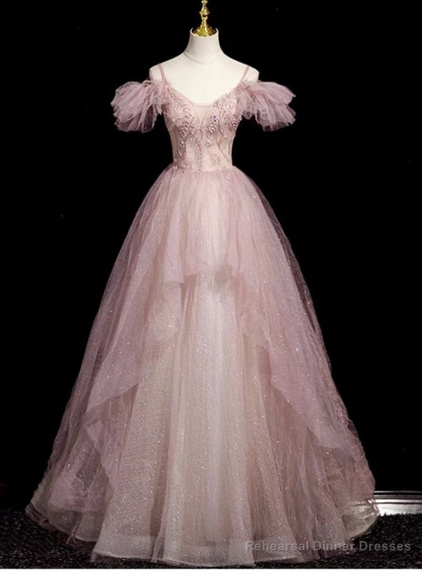 Pink Tulle Sequins Spaghetti Straps Beading Prom Dress Main image