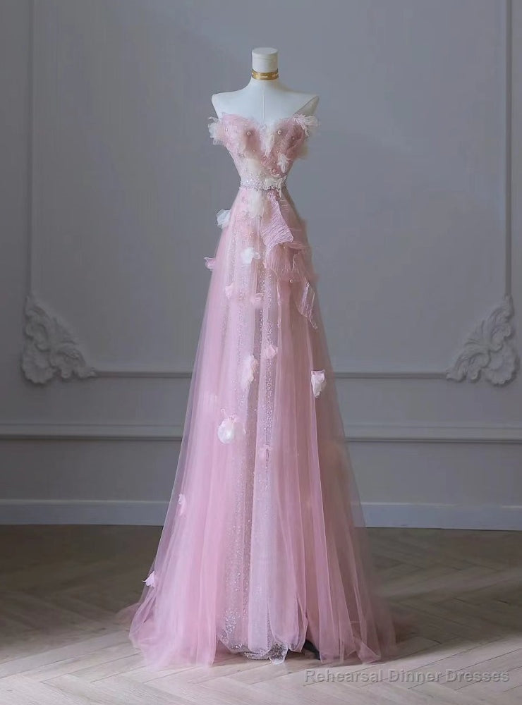 Pink Tulle Sequins Strapless Prom Dress Main image