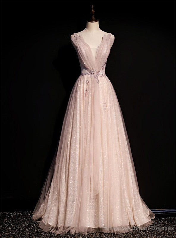 Pink Tulle Sequins V-neck Pleats Beading Prom Dress