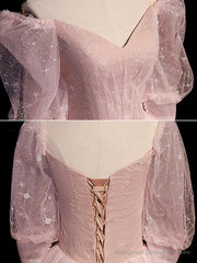 Pink Tulle Short Sleeves Ball Gown Long Formal Dresses, Pink Evening Dresses