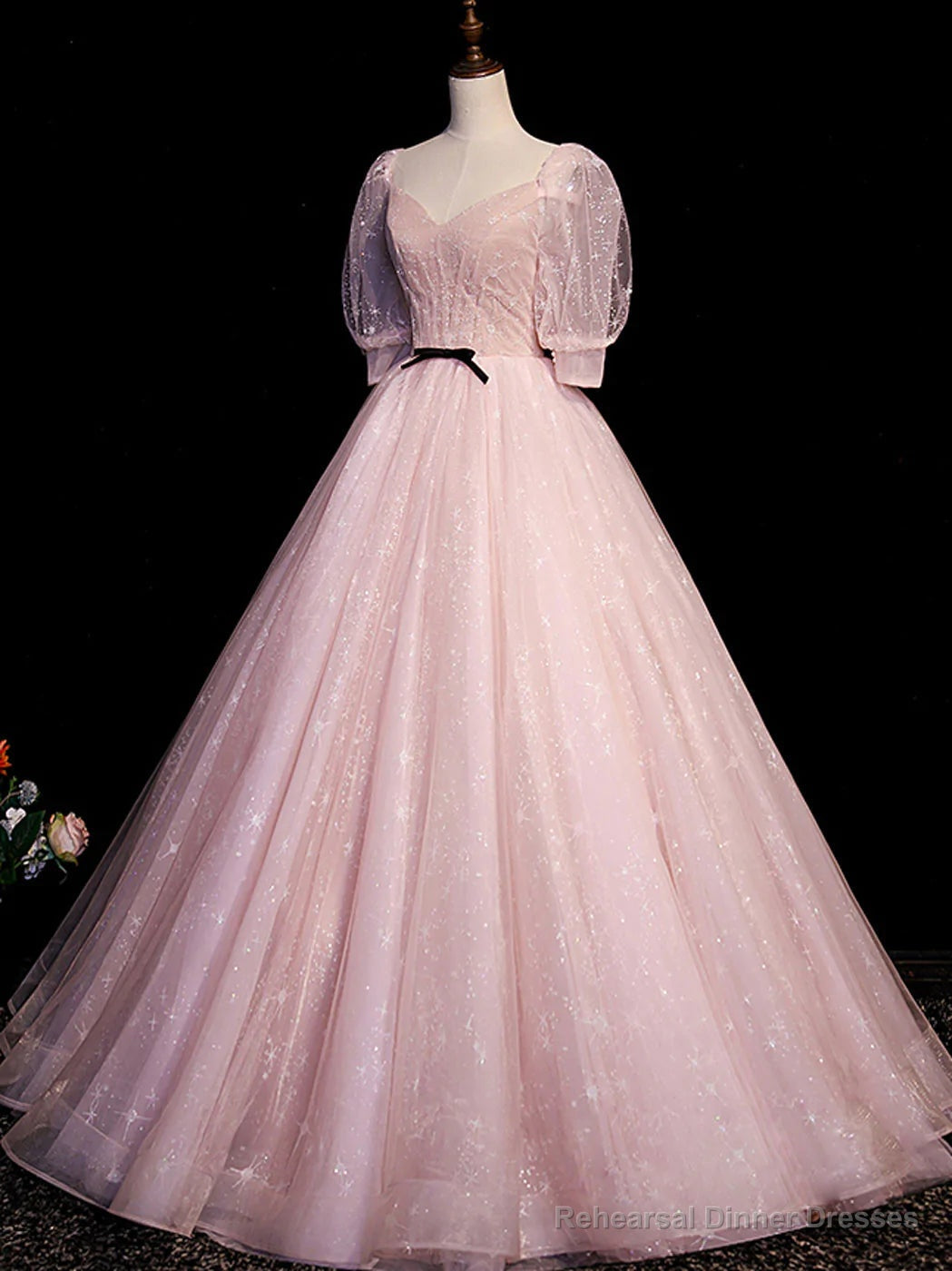 Pink Tulle Short Sleeves Ball Gown Long Formal Dresses, Pink Evening Dresses Secondary image