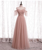 Pink Tulle Simple A-line Long Wedding Party Dresses Pink Formal Dresses prom dresses shops
