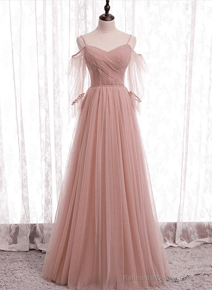 Pink Tulle Simple A-line Long Wedding Party Dresses Pink Formal Dresses prom dresses shops Main image