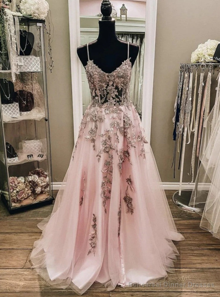 Pink Tulle Spaghetti Straps Appliques Prom Dress Main image