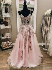 Pink Tulle Spaghetti Straps Appliques Prom Dress
