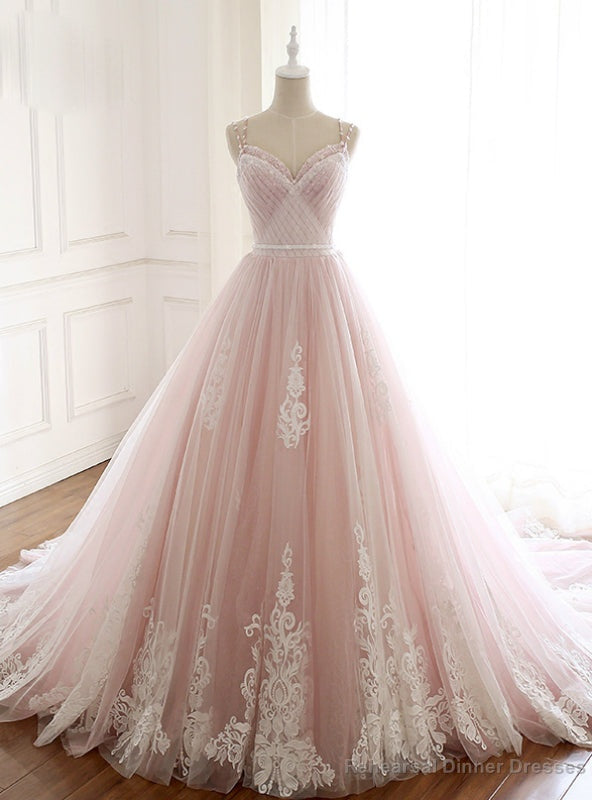 Pink Tulle Spaghetti Straps Backless Wedding Dress With Beading Main image