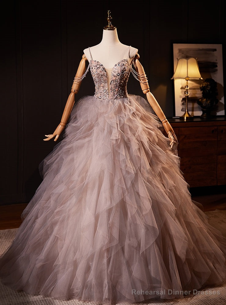 Pink Tulle Spaghetti Straps Beading Sequins Prom Dress Main image