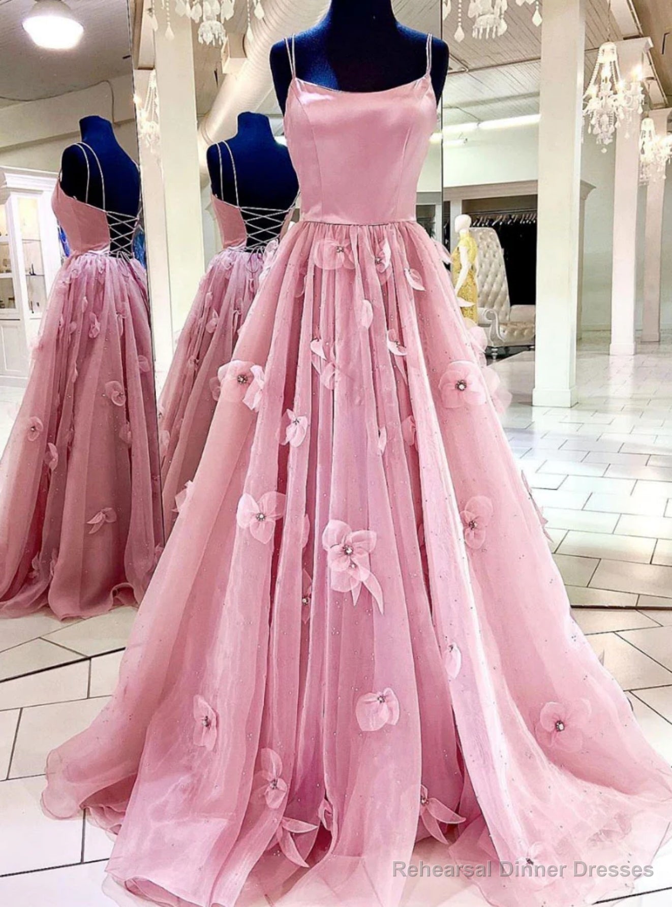Pink Tulle Spaghetti Straps Flower Prom Dress Main image