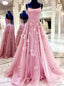 Pink Tulle Spaghetti Straps Flower Prom Dress