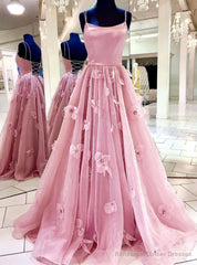 Pink Tulle Spaghetti Straps Flower Prom Dress