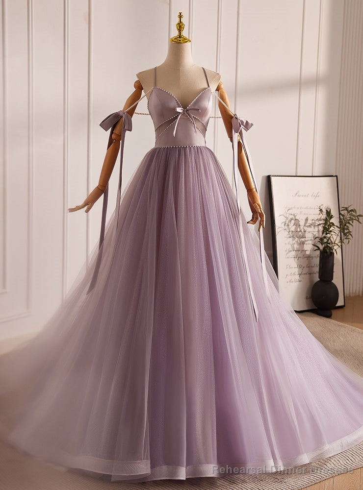 Pink Tulle Spaghetti Straps Pearls Prom Dress Main image