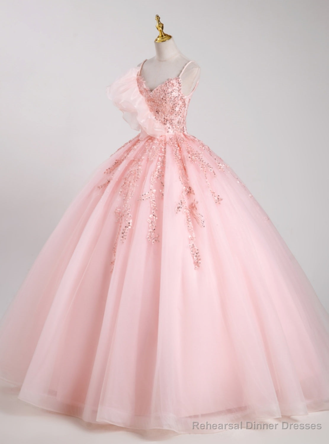 Pink Tulle Spaghetti Straps Sequins Beading Quinceanera Dress Main image