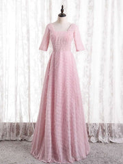 Pink Tulle Square Short Sleeve Prom Dress