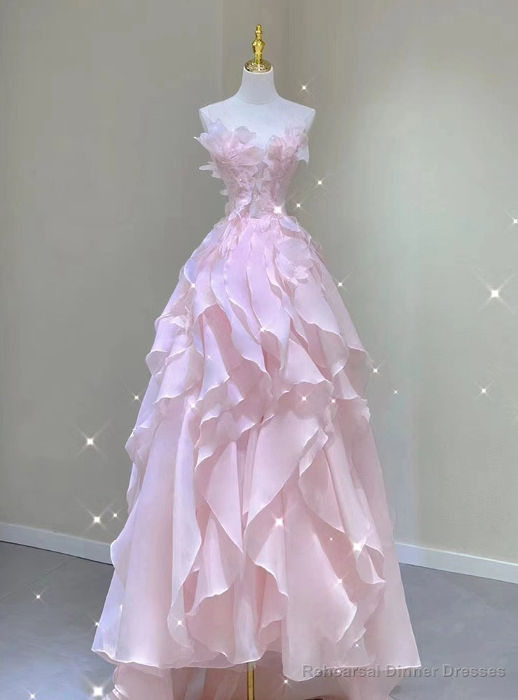 Pink Tulle Strapless Appliques Prom Dress Main image