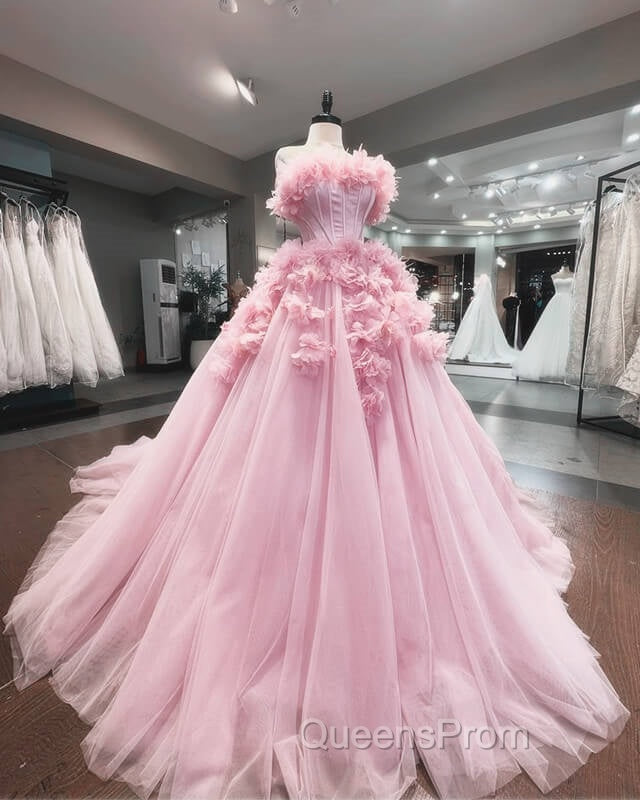 Pink Tulle Strapless Ball Gown With 3D Flowers Secondary image
