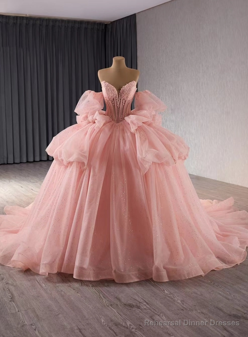 Pink Tulle Strapless Lace Beading Prom Dress Main image